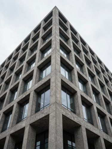 Symmetrical wide-angle crop of a modern concrete and steel corporate facade under cool overcast daylight, emphasizing sharp structural geometry.