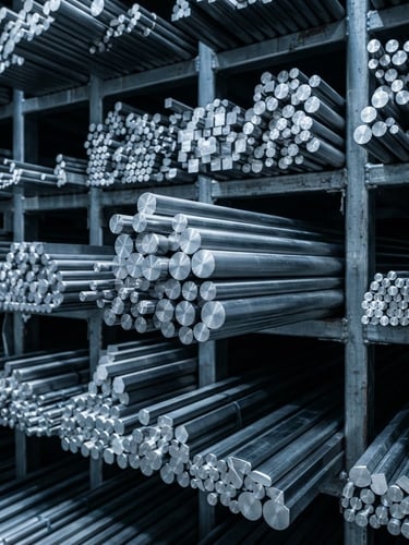 Macro shot of clean-cut stainless steel bars, cool metallic tones, sharp studio lighting, 50mm lens, high contrast, organized warehouse racks, no text