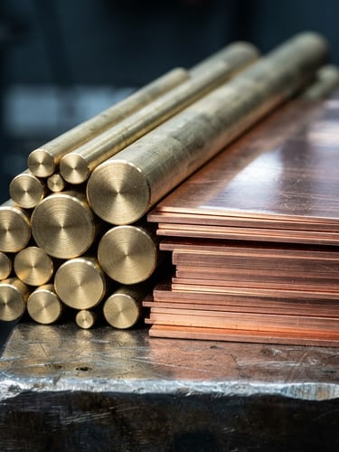 Macro close-up of clean-cut solid brass rods and polished copper sheets stacked on a steel workbench, sharp metallic reflections, cool industrial studio lighting, high contrast