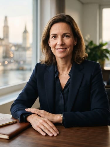 Medium-close portrait of Karin Rost in a sophisticated Zurich office, soft natural window light, dark navy tailoring, muted gold details, shallow depth of field, 85mm.