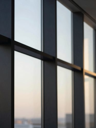 Abstract architectural details of a high-end minimalist office, clean lines, soft natural window light, deep navy shadows, premium paper textures.