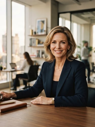 A professional, sophisticated portrait of Karin Rost in a modern, light-filled architectural office, soft natural window light, deep navy and muted gold tones, shallow depth of field, 85mm