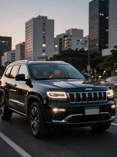 Cinematic wide shot of a polished black Jeep Commander driving through Avenida Faria Lima in São Paulo at twilight, dramatic low-key lighting highlighting metallic curves, warm inviting cabin light visible, background city lights softly blurred.