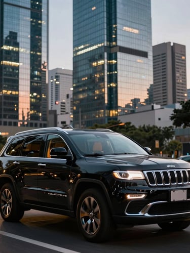 Cinematic wide shot of a black Jeep Commander navigating Avenida Faria Lima at twilight, polished metallic curves reflecting corporate glass towers, warm interior light visible.