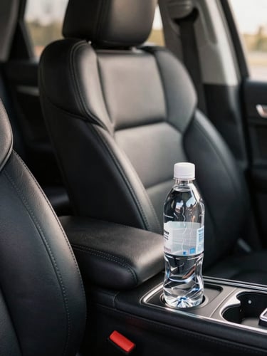 Macro shot of the pristine black leather seats inside a Jeep Commander, a bottle of premium mineral water in the console, soft warm ambient lighting, clean and sophisticated atmosphere.