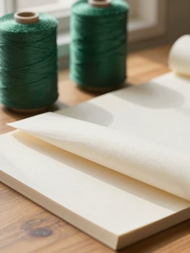 Close-up of raw bookbinding materials on a wooden table, heavy cream paper stock, rolls of forest green linen thread, warm window light casting gentle shadows