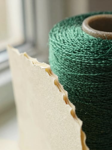Macro close-up of raw linen bookbinding thread and heavy cream-colored paper stock with deckled edges, warm soft window light, rich tactile textures.