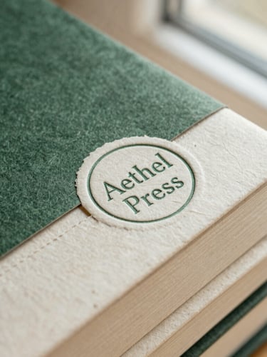 Close-up macro shot of secure plastic-free book packaging, thick recycled paper wraps, and a hand-stamped Aethel Press seal under warm natural side-lighting.