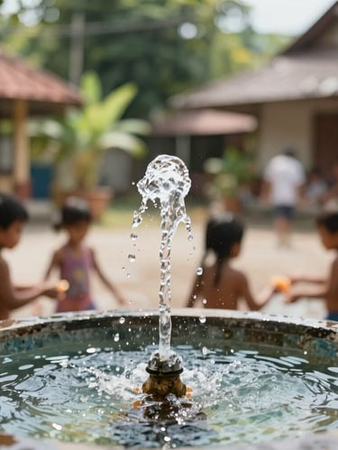 Close-up of a clean water fountain in a sunny Indonesian village square, water splashing in high-key natural light, children playing in the soft-focus background, vibrant green foliage.