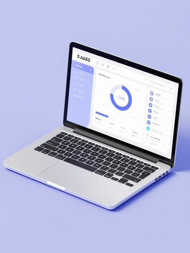 A clean minimalist flat-lay of a modern digital desk with an open laptop showing a clean SaaS dashboard, soft lavender ambient light, crisp vector UI elements, modern tech aesthetic