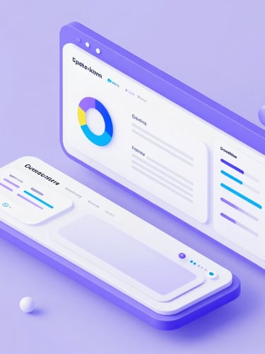Isometric 3d render of a sleek software dashboard with lavender ambient lighting, clean UI mockups, and sharp cyan accents.