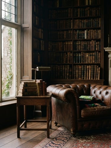 Striking portrait of a historic estate interior under soft window light, rich dark tones, antique books on shelves, a leather armchair in the foreground.