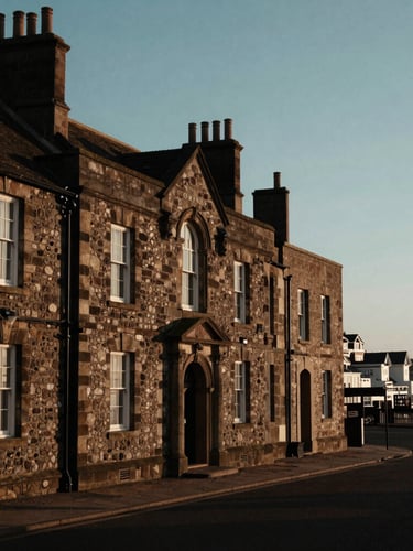 Wide shot of the historic architecture and coastline of St. Leonards-on-Sea, subtle morning light, rich shadows, evoking a sense of heritage and quiet dignity.