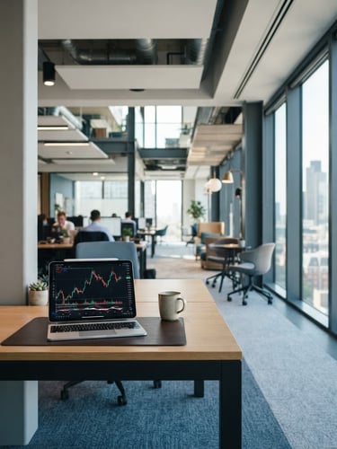Modern corporate office environment, clean lines, bright natural daylight, structured architectural details, empty desk with a tablet showing a financial chart, clean blue and gray tones, sharp focus, 35mm lens, wide environmental shot, subject off-center to the left.
