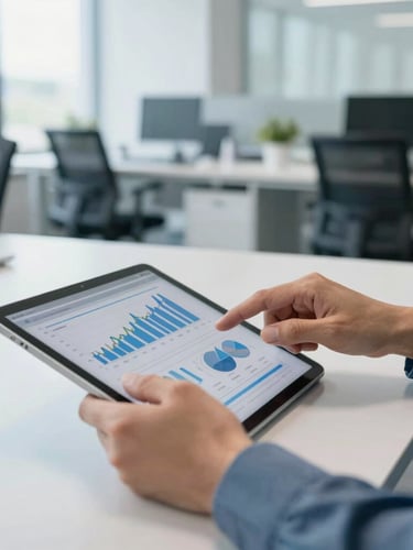 Corporate editorial photography, bright natural office daylight, clean blue and gray tones, sharp focus, 35mm lens. Close-up of hands working on a tablet displaying financial charts, with a subtle background of a modern, organized office environment. Portrait aspect, conveying hands-on management.