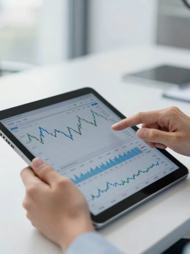 Close-up of hands analyzing financial charts on a tablet in a modern office, bright natural daylight, clean blue and gray tones, sharp focus, 35mm lens, portrait aspect, subject off-center to the right.