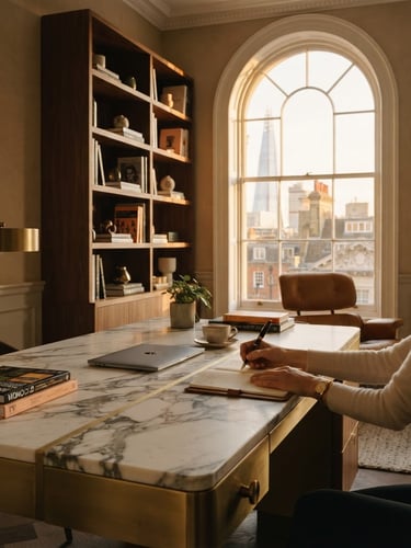 A quiet modern private office in London, warm late-afternoon sun streaming through high arched windows, marble desk with brass details, soft focus, warm editorial photography.