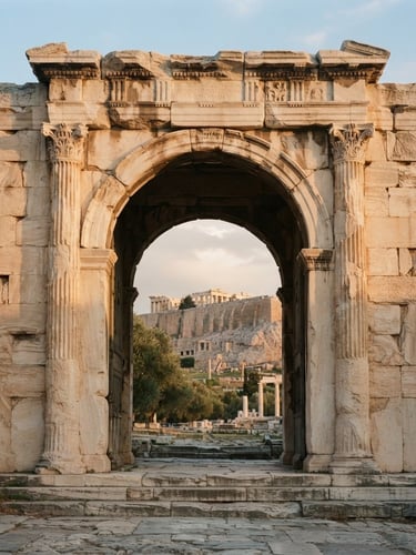 Warm architectural detail of a classical stone archway in Athens, soft late-afternoon sun casting elegant shadows, medium format film style