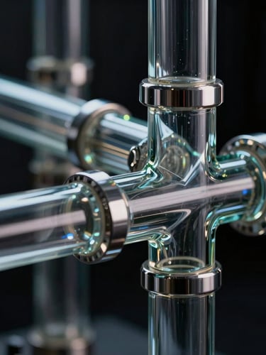 Macro close-up of abstract glass and chrome data pipelines, sharp directional highlights, low-key moody studio lighting, dark background, 21:9 framing.