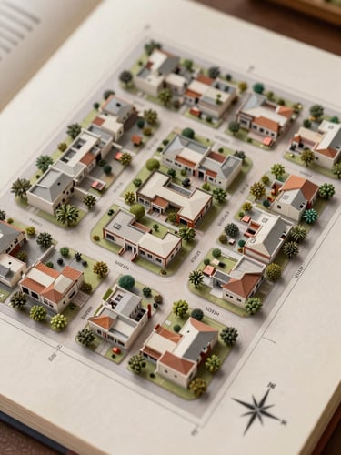Close-up overhead plan view of a Vaastu-aligned residential township plot layout, Gujarat, India — precise grid of rectangular parcels with labeled road widths and utility corridors, clean architectural drawing on cream paper, soft diffused daylight from above, compass rose visible in lower-right corner