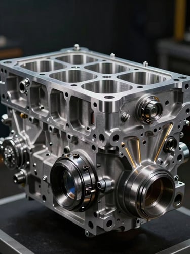 Cinematic close-up of a machined aluminum engine block, low-key dramatic studio lighting with cold silver key lights and subtle gold telemetry lines, shallow depth of field, high-contrast executive feel.