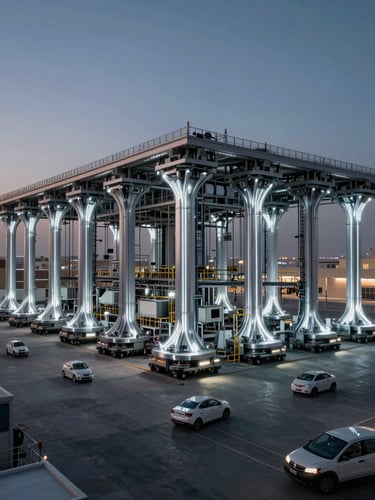 Cinematic wide-angle of a massive, automated distribution hub in Riyadh at twilight, glowing silver telemetry lines along automated guided vehicles, low-key dramatic lighting.