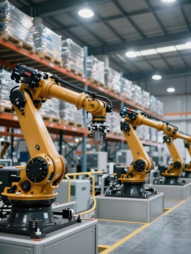 Cinematic wide-angle architectural shot of a massive automated automotive warehouse in Shenzhen, cold silver lighting with subtle gold telemetry lines overlaid, sharp focus on robotic arms.