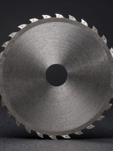 Straight-on macro profile of a pristine circular saw blade with carbide-tipped teeth, high-contrast studio lighting highlighting the sharp metallic edges, dark charcoal background.