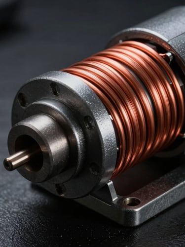 Macro shot of a high-torque electric motor winding with pristine copper coils, intense directional highlights, dark industrial setting.