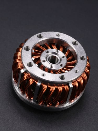 Macro studio photograph of a high-efficiency brushless motor core, copper windings gleaming under sharp directional orange and white studio lighting, deep charcoal background, 50mm lens