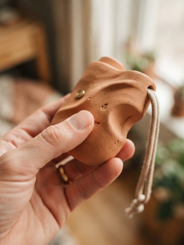 Macro detail shot of a hand gently holding a matte, terracotta-toned sculptural device, soft diffused window light, shallow depth of field