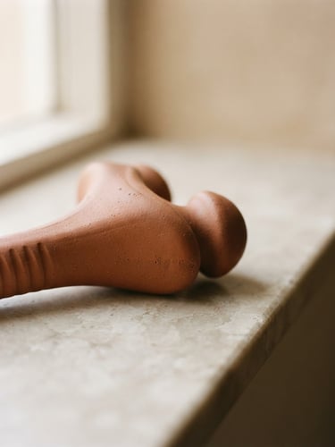 A macro detail shot of a matte, sculptural terracotta-toned somatic device resting on a clean alabaster shelf, soft diffused window light, gentle shadows, elegant negative space.