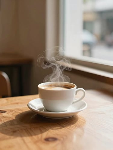 Warm editorial photography of a quiet corner in a Penang café, soft morning window light illuminating a wooden table with a steaming coffee cup, rich cream and coffee tones, shallow depth of field, 35mm lens.