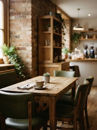 Warm, inviting interior of CAFETERIA CORNER, soft morning light, empty comfortable seating area with wooden tables and green accents, shallow depth of field, 35mm lens