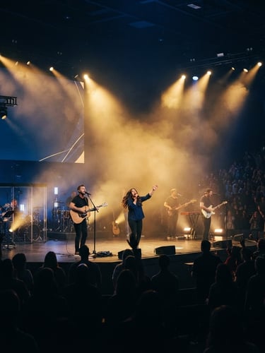 Cinematic wide shot of a modern worship sanctuary illuminated by golden volumetric light beams, dynamic praise leaders on stage, deep navy atmosphere.