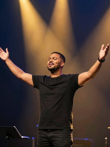 Dynamic worship leader in a moment of expressive praise on a modern stage, bathed in dramatic warm golden spotlight, deep navy background with soft volumetric light beams.