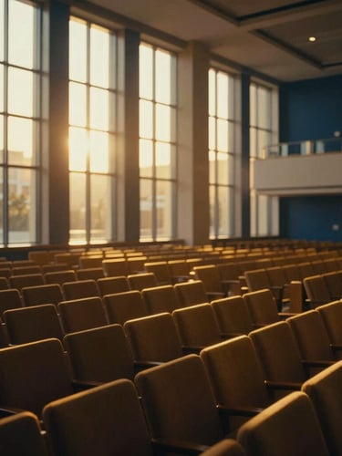 Wide cinematic environmental shot of a grand modern sanctuary, golden volumetric light streaming through tall windows, empty rows of seats glowing warmly, deep navy shadows.