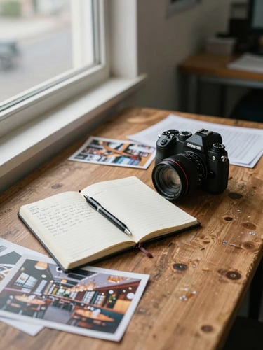 Wide documentary shot of a small agency workspace, a notebook open with handwritten field notes beside a camera body on a worn wooden table, north-facing daylight from a window to the left, scattered reference prints of restaurant interiors, ink pen resting across the page