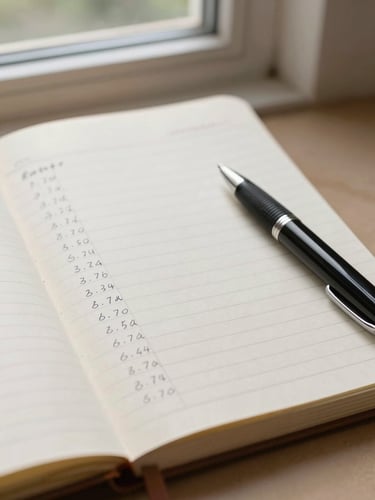 Close-up overhead shot of a worn notebook lying open on a parchment-colored surface, handwritten column of reservation tallies visible, a ballpoint pen resting diagonally across the page, north-facing window light, no faces