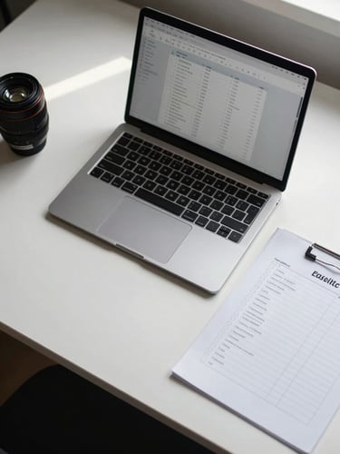 Overhead flat-lay of a clean desk workspace: open laptop displaying a structured template document, a printed checklist beside it, cool north-facing daylight, minimal objects, sharp grid lines visible on screen