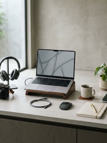 A clean, modern studio setting with premium consumer electronics and minimalist home goods on a sleek neutral surface, soft window light, sharp focus, architectural lines, 50mm lens.