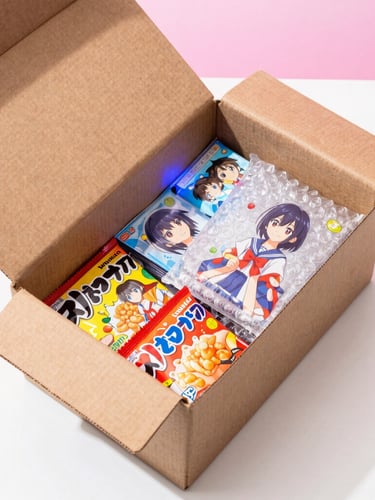Top-down clean studio shot of a half-opened shipping box revealing colorful Japanese snack packaging and bubble-wrapped anime merch, subtle neon blue backlighting, sharp focus.