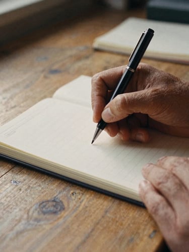 Close-up of hands writing in a notebook on a rustic wooden desk, soft natural morning light, warm earthy tones, cinematic 35mm documentary photography.
