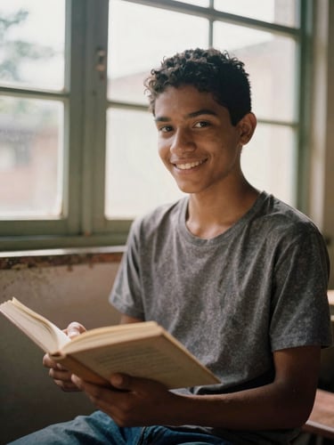 A young Brazilian student smiling gently while holding an open book, natural window light, warm earthy tones, authentic documentary 35mm film aesthetic.