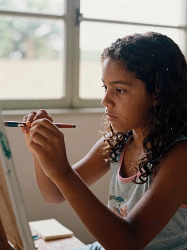 Candid documentary shot of a young Brazilian girl painting on a canvas, focused expression, natural window light, warm earth tones, 35mm film aesthetic
