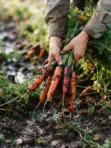 Close-up of hands harvesting organic heirloom carrots in a muddy field, soft natural morning light, rich textures, 35mm film style.