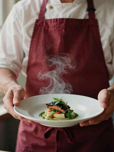 Close-up portrait of a chef in a linen apron plating a dish, soft natural window light, deep crimson accents, warm steam rising, 35mm film style