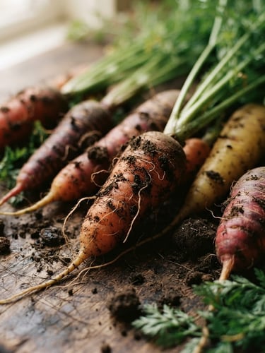Close-up macro shot of raw heirloom carrots with soil on a rustic wooden table, soft natural window light, warm editorial 35mm film style