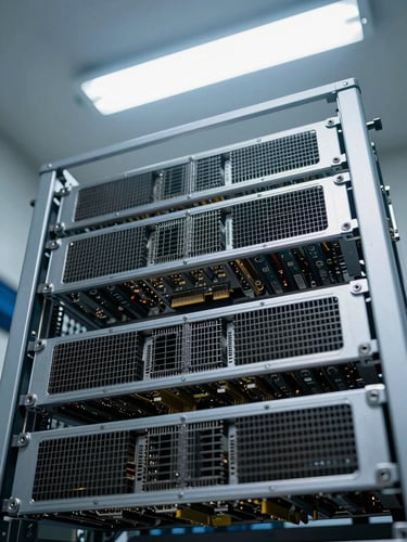 Close-up overhead shot of a high-density GPU compute tray partially removed from a rack chassis, exposed PCIe connectors and cooling fins under bright overhead facility fluorescent light, metal surfaces reflecting cool white, no people