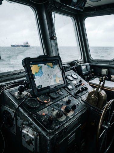 Overcast maritime daylight, a ruggedized Android tablet mounted in a steel tugboat cockpit, high-contrast cool tones, sharp focus, 35mm lens